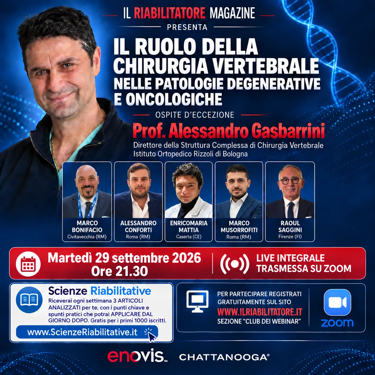 Locandina del webinar sulla chirurgia vertebrale con Alessandro Gasbarrini, 29 settembre 2026